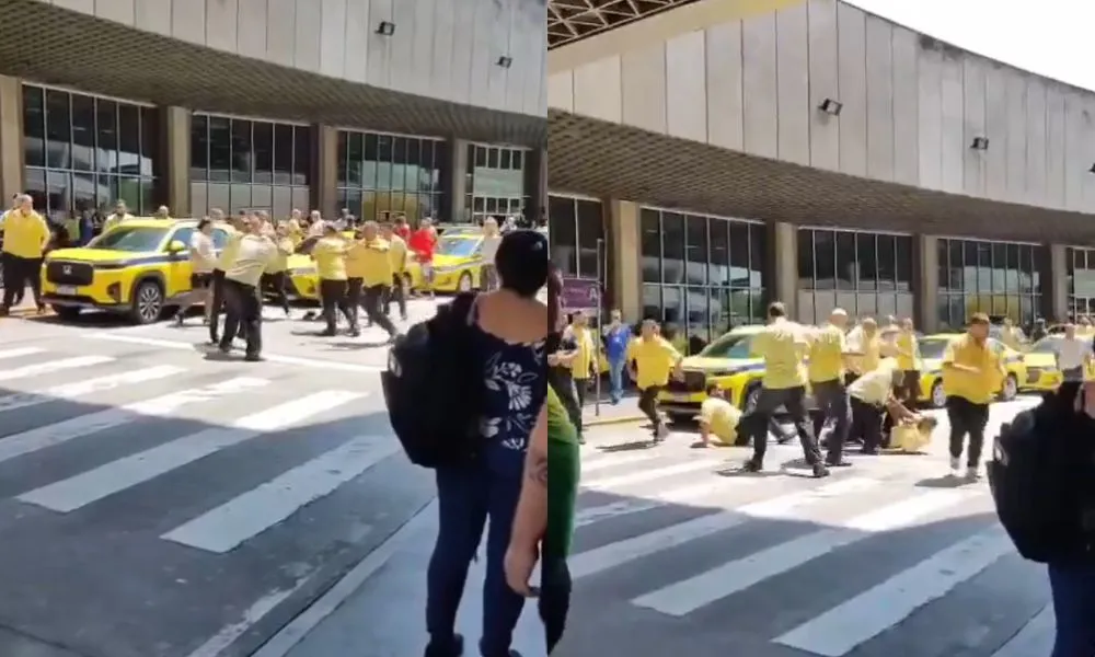 Taxistas trocam socos e chutes em briga no aeroporto do galeão no rio; veja vídeo